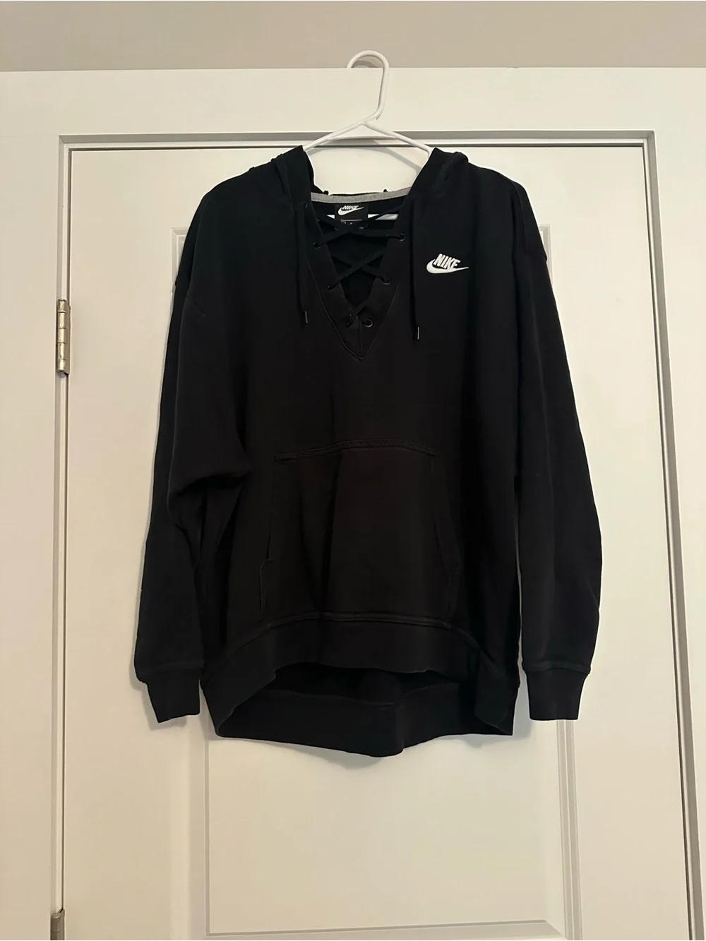 Nike Black Lace-Up V-Neck Hoodie with White Swoosh